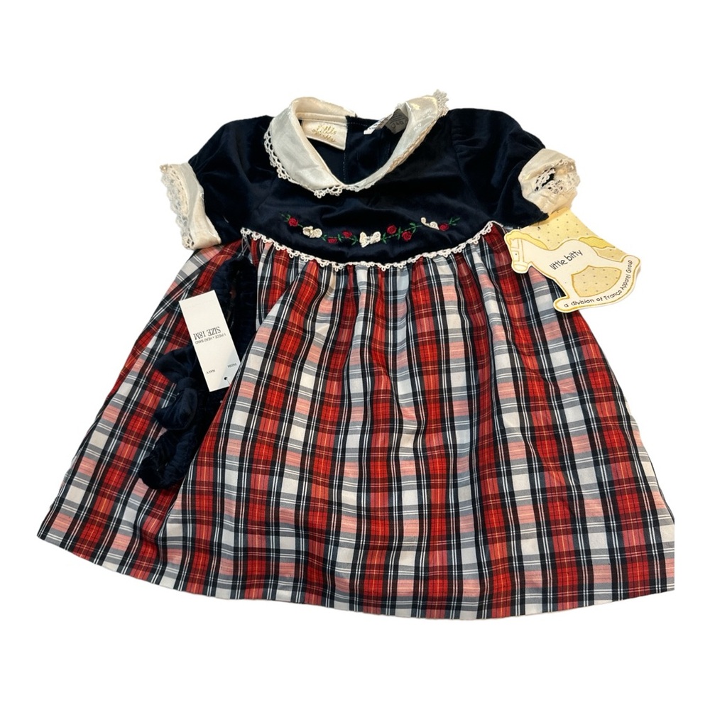 Girls, Little Bitty ,Dark Blue Velvet  Dress with Red Plaid. Flower front.Sz 18m